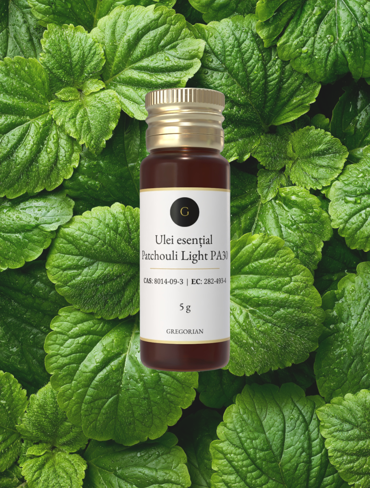 Ulei esențial Patchouli Light PA30 pentru parfumerie, sticluță de 5 g pe frunze verzi de patchouli